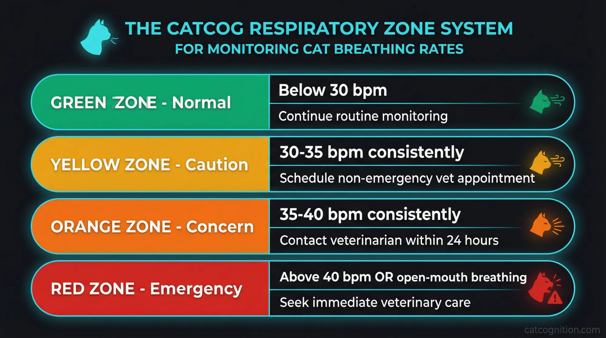 Educational infographic showing four color-coded zones for interpreting cat respiratory rates: Green (normal, below 30 bpm), Yellow (caution, 30-35 bpm), Orange (concern, 35-40 bpm), and Red (emergency, above 40 bpm or open-mouth breathing). Each zone includes recommended actions for cat owners.