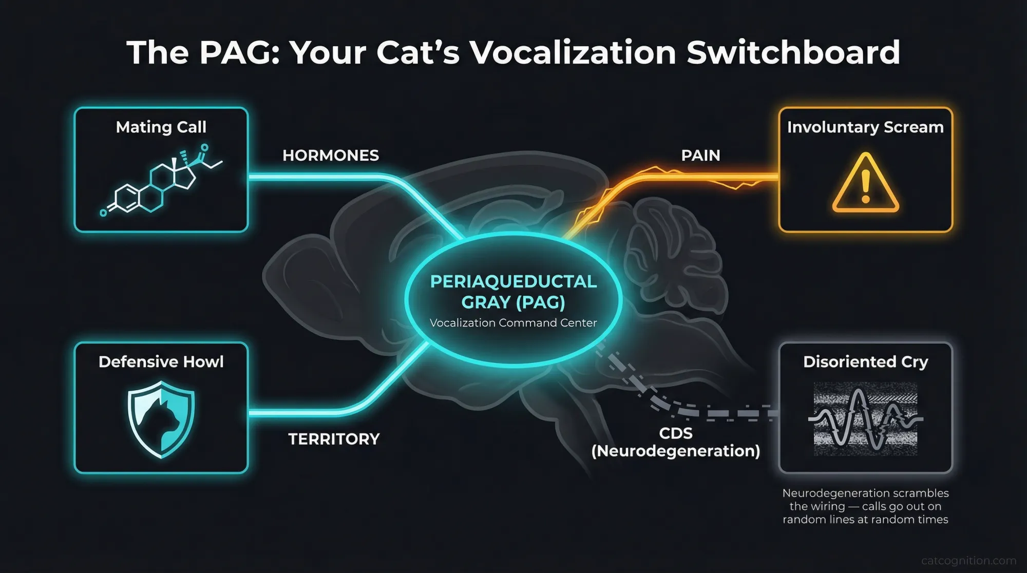 A conceptual anatomical diagram depicting the periaqueductal gray (PAG) region of the cat midbrain as a central switchboard, with four labeled pathways showing how hormonal input produces mating calls, pain signals trigger involuntary screams, territorial arousal produces defensive howls, and cognitive dysfunction scrambles the wiring to produce disoriented cries.