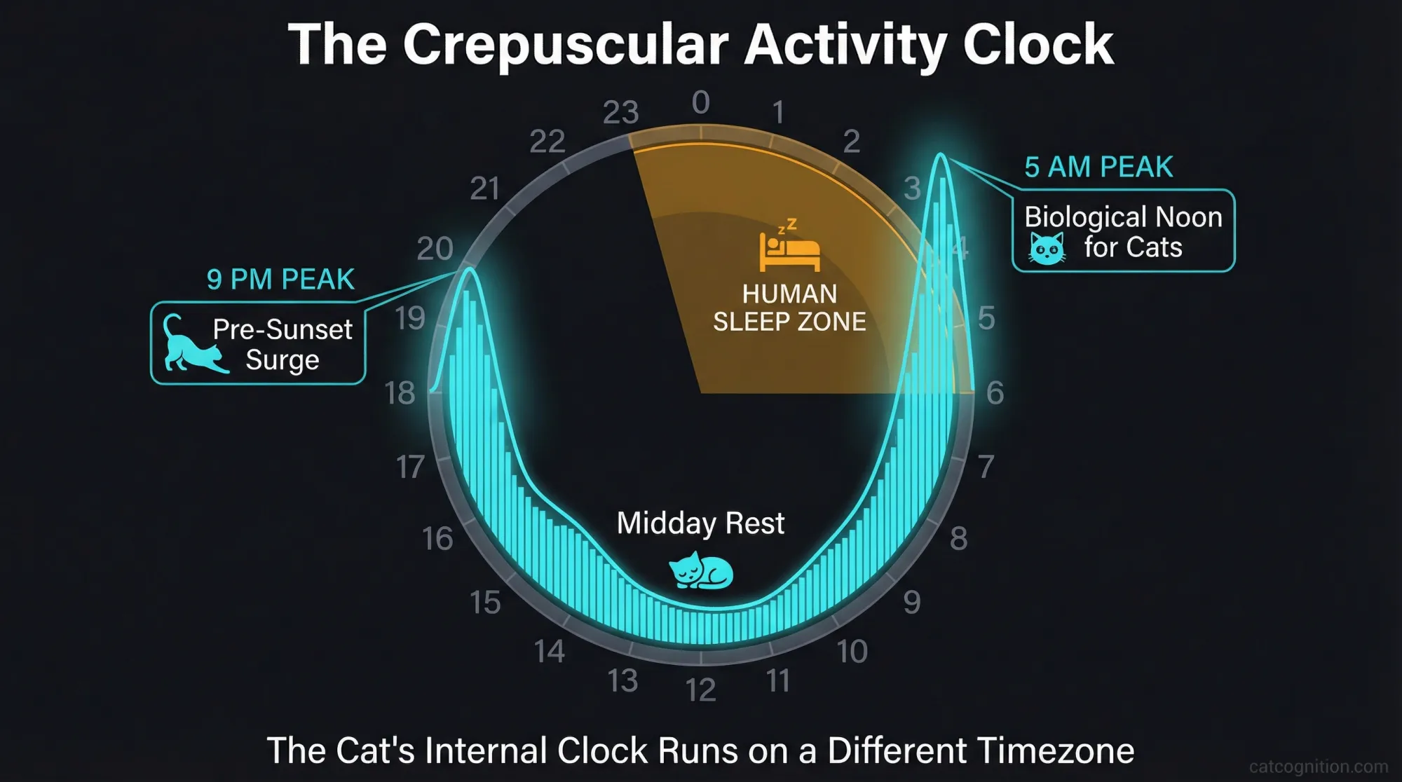 The Crepuscular Activity Clock — 24-hour diagram showing cat activity peaks at 5 AM and 9 PM overlapping human sleep hours