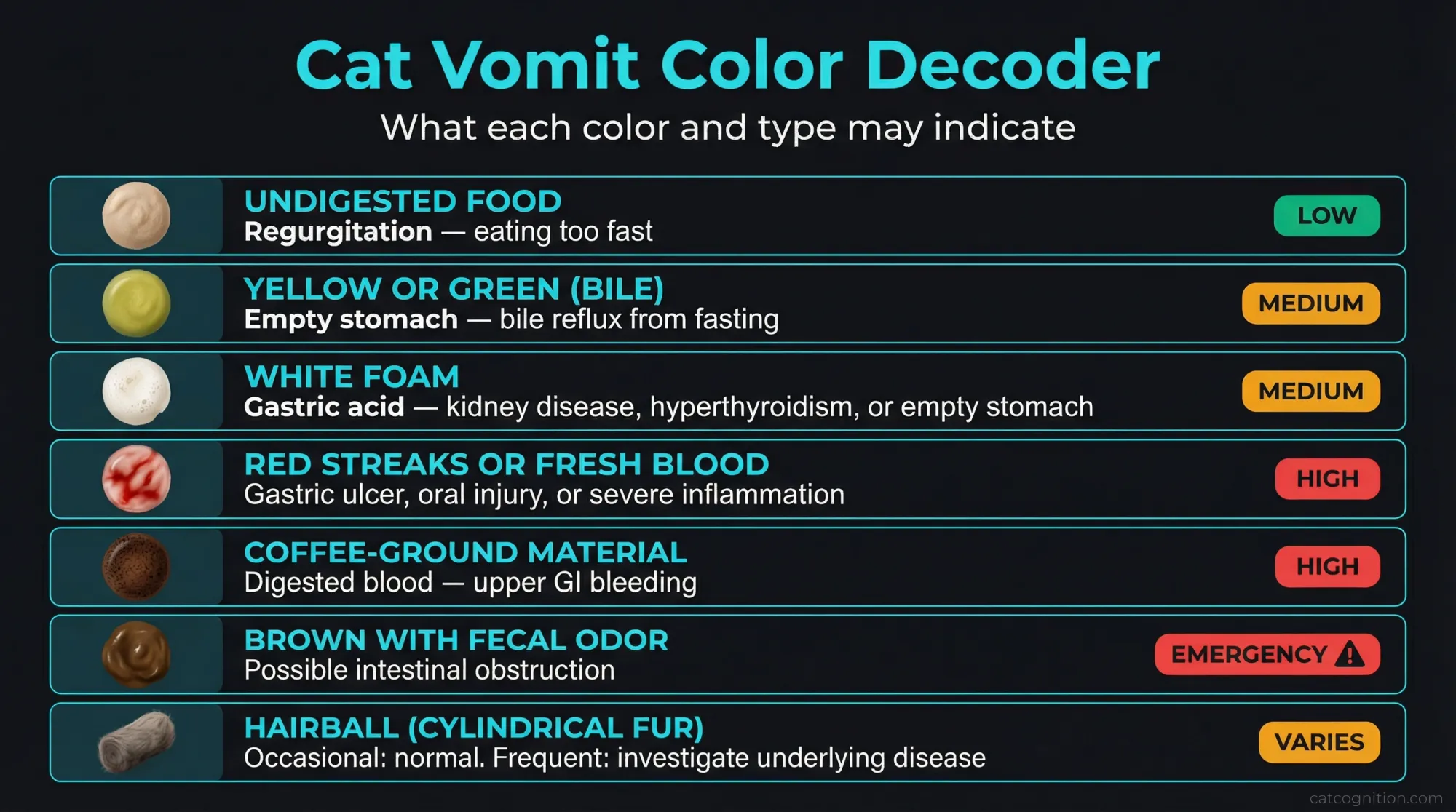 Visual reference chart showing seven cat vomit colors and types with urgency ratings: undigested food (low), yellow or green bile (medium), white foam (medium), red streaks (high), coffee-ground material (high), brown with fecal odor (emergency), and hairballs (varies).