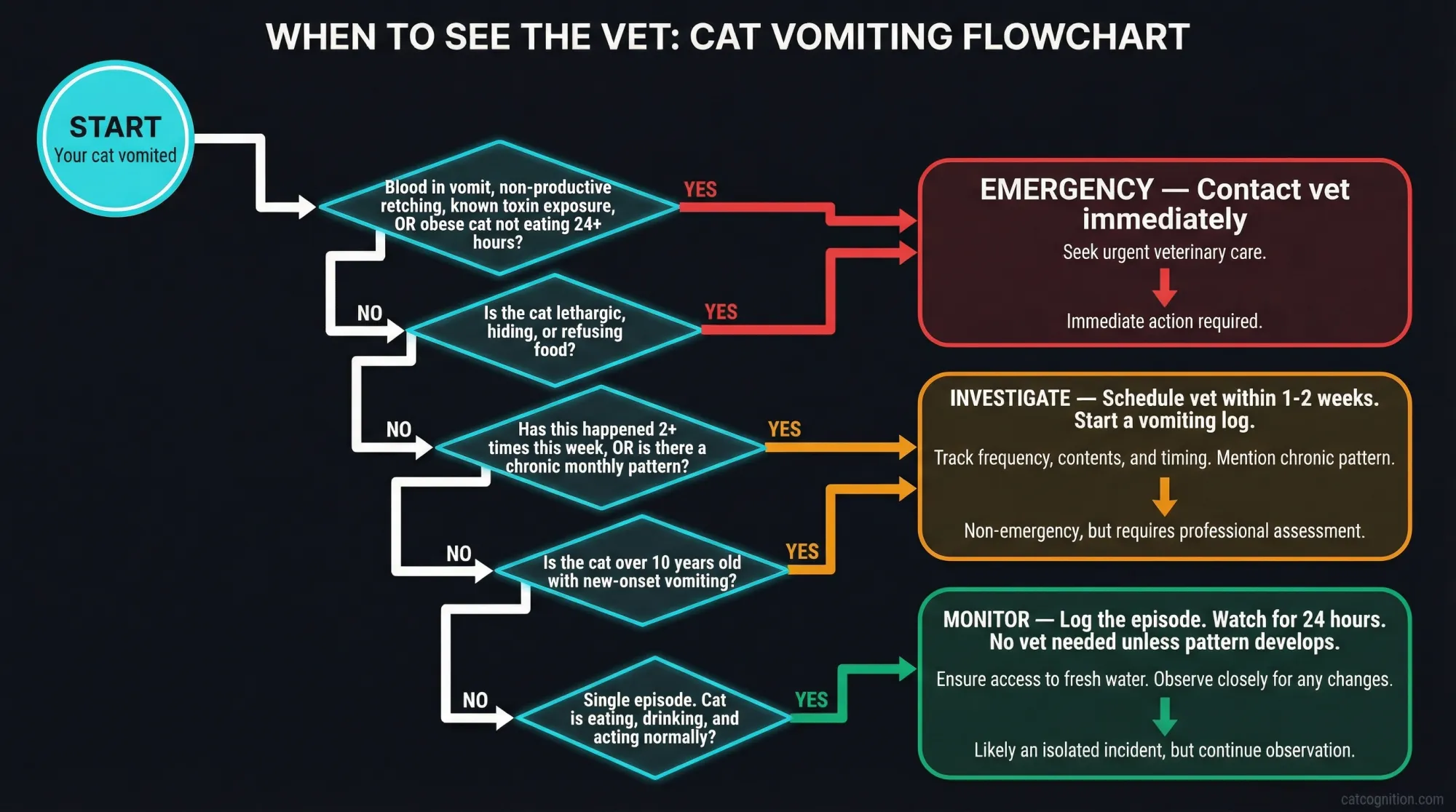 Decision tree flowchart with five sequential yes-or-no questions guiding cat owners from a vomiting episode to one of three color-coded outcomes: emergency veterinary care (red) for blood, retching, or toxin exposure; scheduled investigation (amber) for recurring patterns or senior cats; or home monitoring (green) for single episodes in otherwise healthy cats.