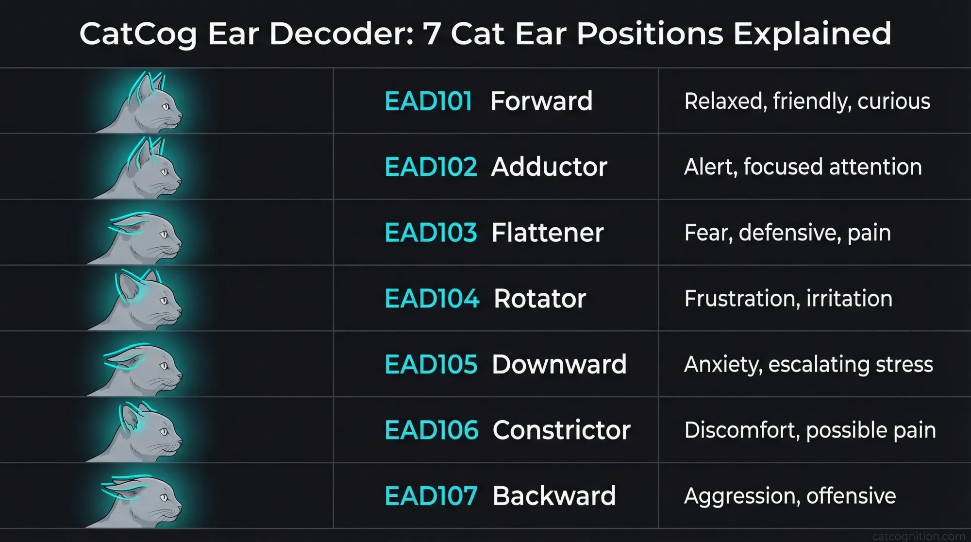 CatCog Ear Decoder infographic showing all 7 CatFACS ear positions with codes, descriptions, and emotional meanings